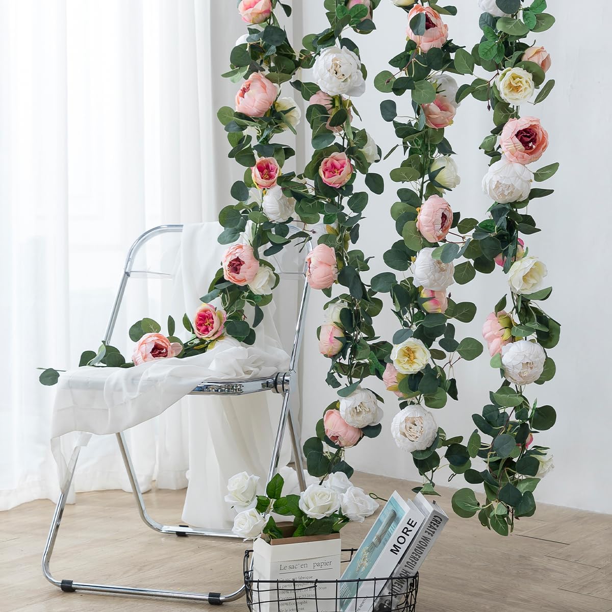 3-Pack 11.2FT Handmade Faux Eucalyptus & Peony Flower Garlands, Pink & White Silk Floral Vine for Wedding Arch, Table, Wall Decor