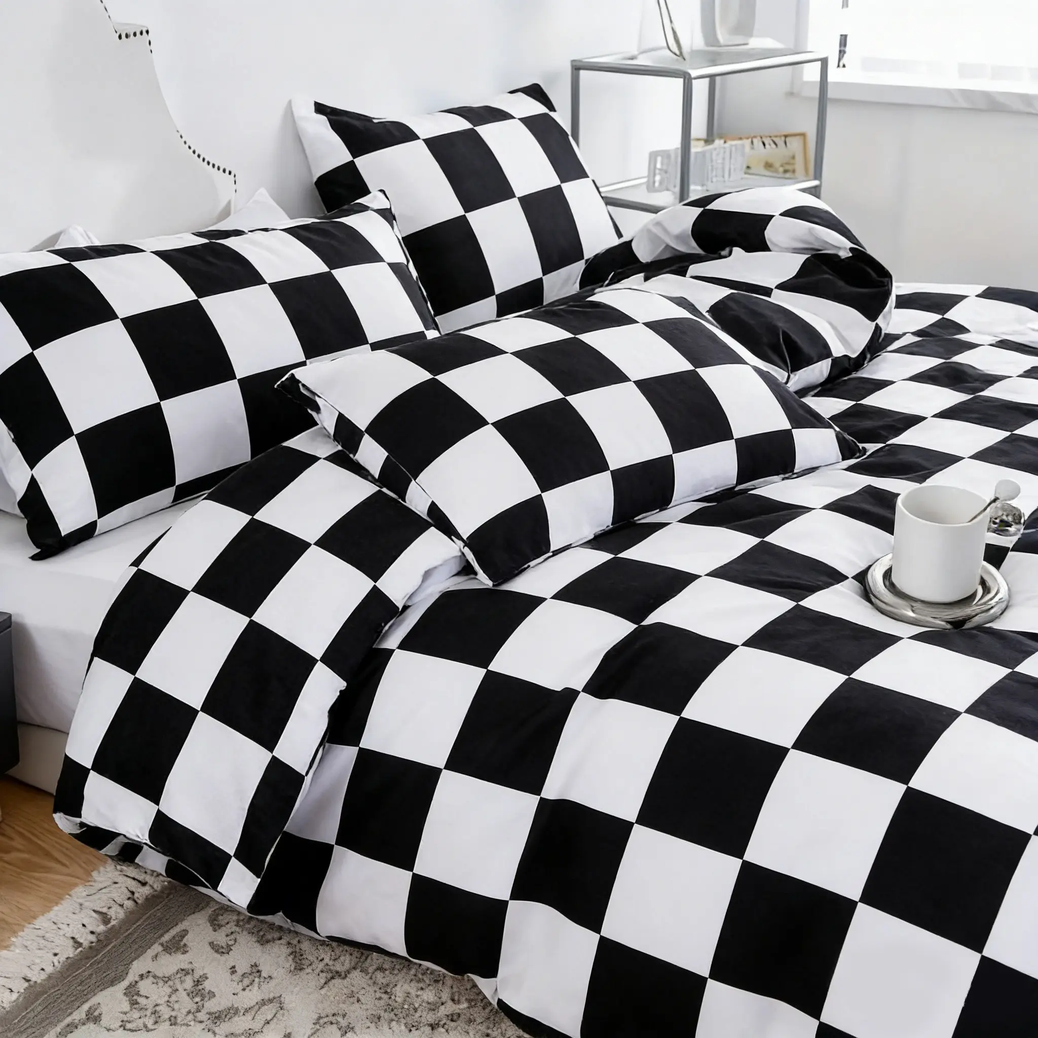 Black and White Plaid Printed Duvet Cover Set, Checkerboard Pattern Bedding Set, Soft Cozy Brushed Fabric Duvet Cover for Bedroom & Guest Room, 1 Duvet Cover + 2 Pillowcases, No Inserts Included, All Season Universal, Ideal Birthday Gift