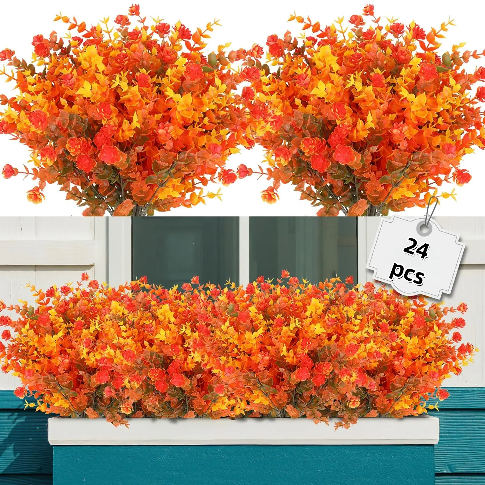 24 Bundles Artificial Fall Flowers, No Fade Autumn Fake Plastic Plants, Faux Mums with Eucalyptus Leaves, Fall Decor for Garden, Door, Porch, Patio