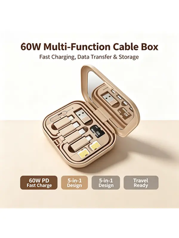 Compact portable gift‑type 5‑in‑1 data cable storage holder 60w pd flash fast charging cable multifunctional travel charging accessory fixes cable clutter supports multi‑device charging for daily work and outdoor trips