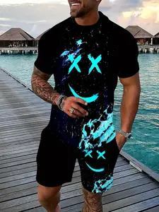 Hip hop trendy men's two-piece set, starry sky fluid smiley face print, street style personalized outfit