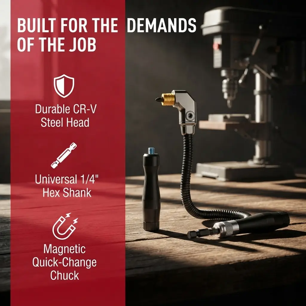 90-Degree Right Angle Drill Attachment, Swivel Corner Drill Adapter, Heavy Duty Drill Extension for Tight Spaces, Woodworking & Furniture Installation