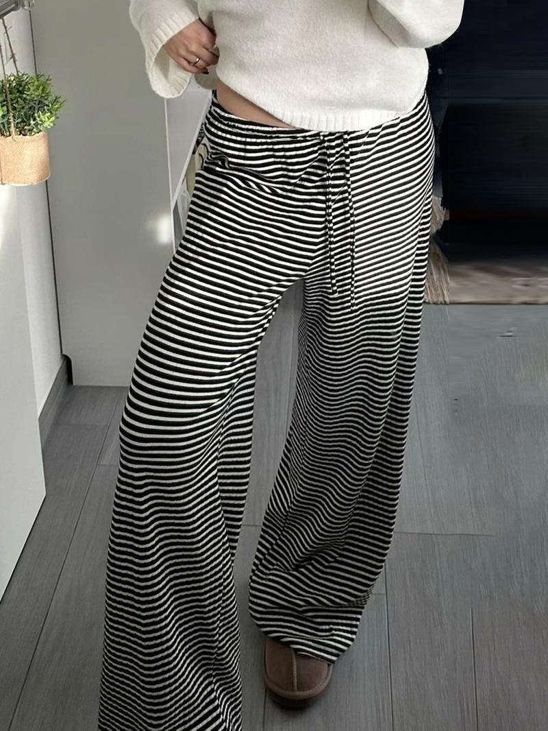 Women's Striped Print Drawstring Waist Straight Leg Pants, Casual Comfy Drop Waist Trousers for Daily Wear, Ladies Bottoms for Summer