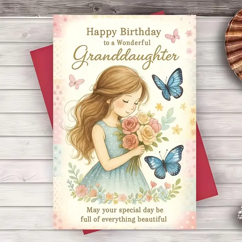 Elegant Birthday Cards with Envelopes, Floral & Rose Designs, Butterfly & Watercolor Portraits, Perfect Gift for Granddaughter's Celebration