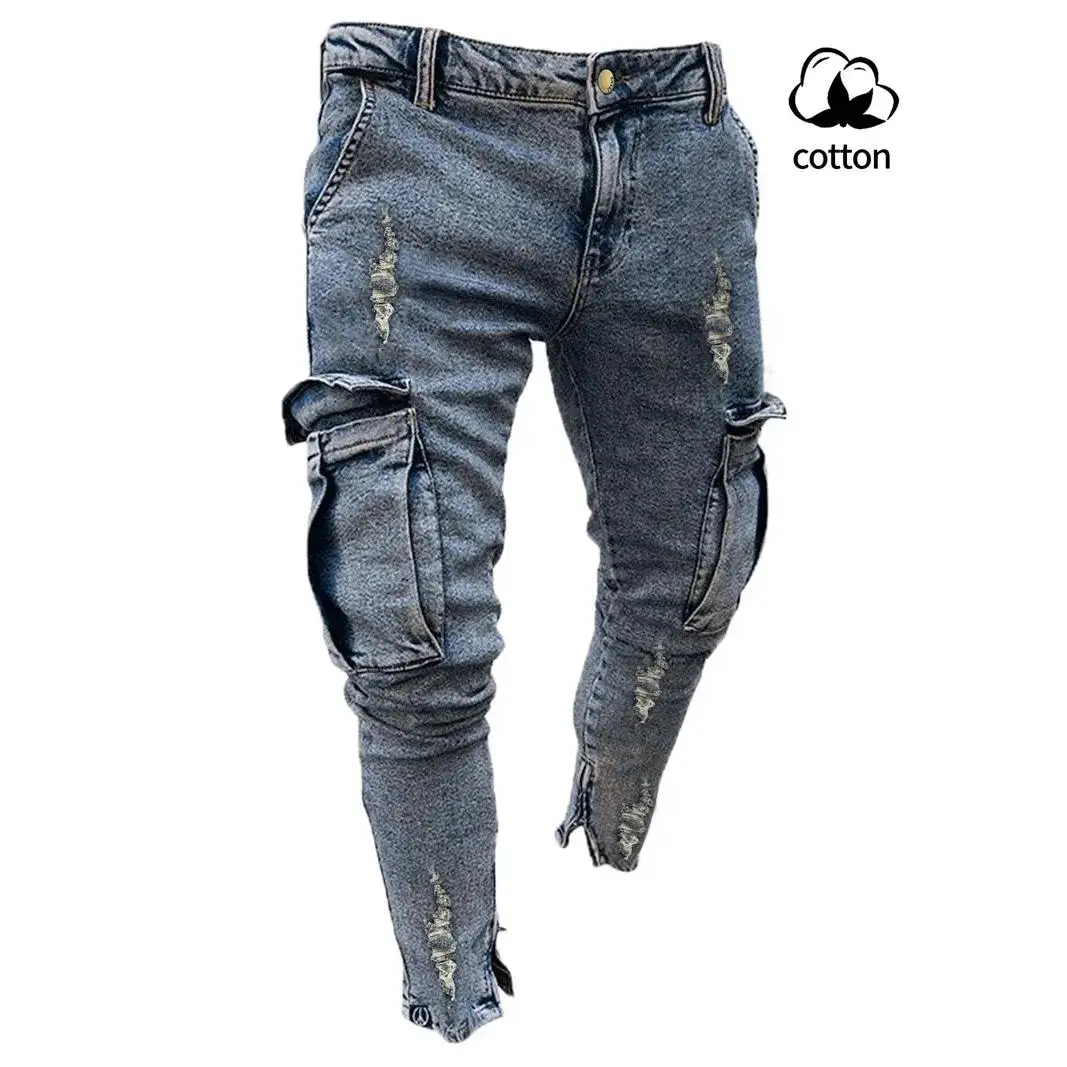 Men's Slim Fit Stretch Denim Jeans, Ripped Skinny Design, Vintage Raw Hem Style, Straight Leg Fashion, Comfortable Elastic Waist, Casual Wear, Cargo Skinny Denim
