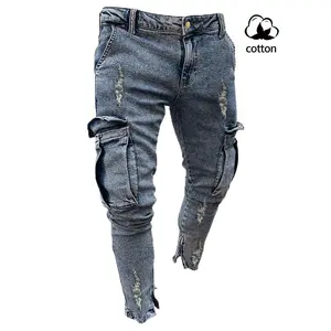 Men's Slim Fit Stretch Denim Jeans, Ripped Skinny Design, Vintage Raw Hem Style, Straight Leg Fashion, Comfortable Elastic Waist, Casual Wear, Cargo Skinny Denim
