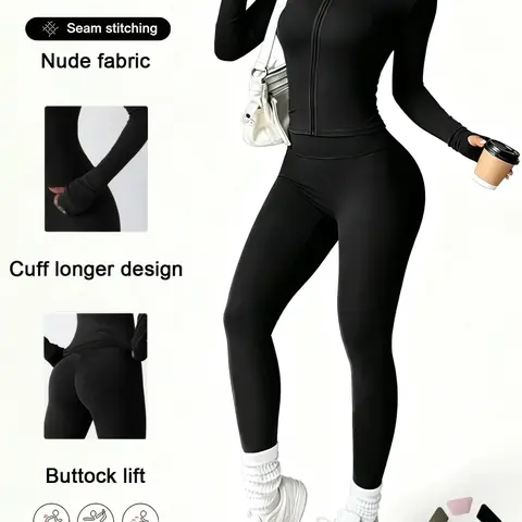 Women's High-Waist Zipper Long Sleeve Yoga Set, Elastic and Comfortable, Casual Wear for Daily Use, Fitness Running and Cycling Sportswear, Gym Outfit, Activewear Outfits, Spring Sportswear