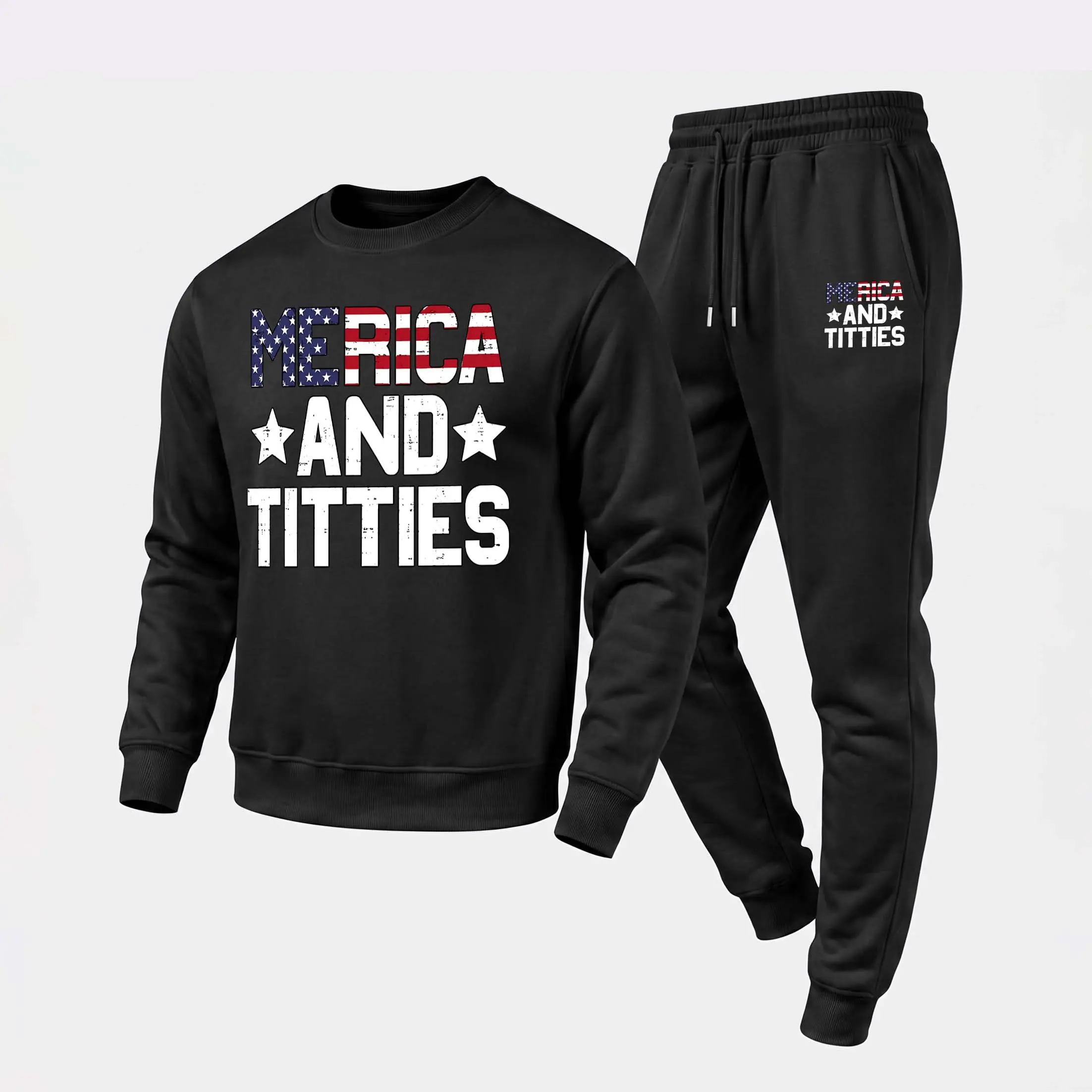 Men's Merica And Titties Graphic Crewneck Sweatshirt and Jogger Pants Set, Casual Long Sleeve Pullover with Drawstring Sweatpants, Fall Winter Tracksuit for Daily Wear, Travel, Lounge, Workout and Indoor Outdoor Activities