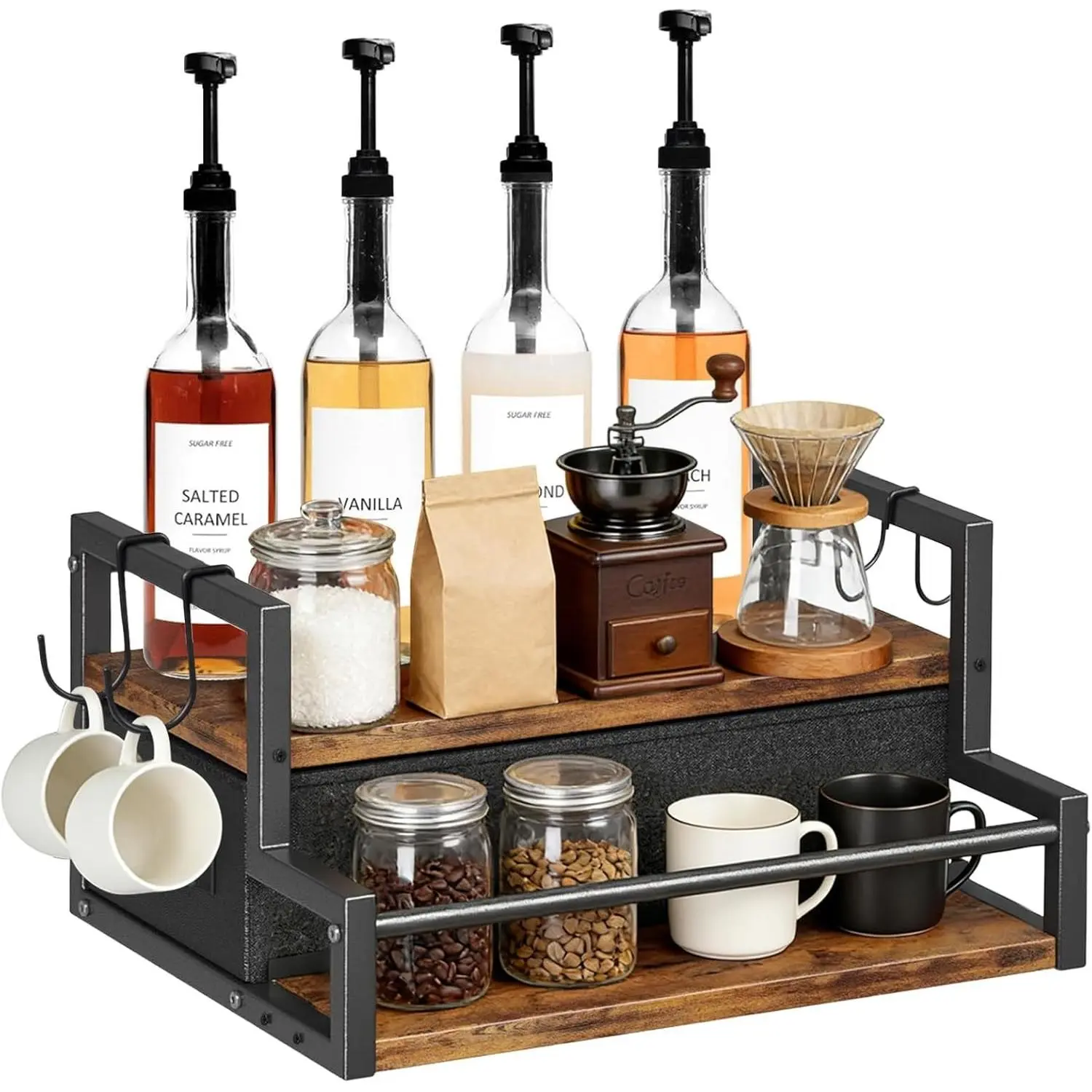 Coffee Syrup Organizer Rack, 2-Tier Coffee Bar Accessories with Kcup Drawer