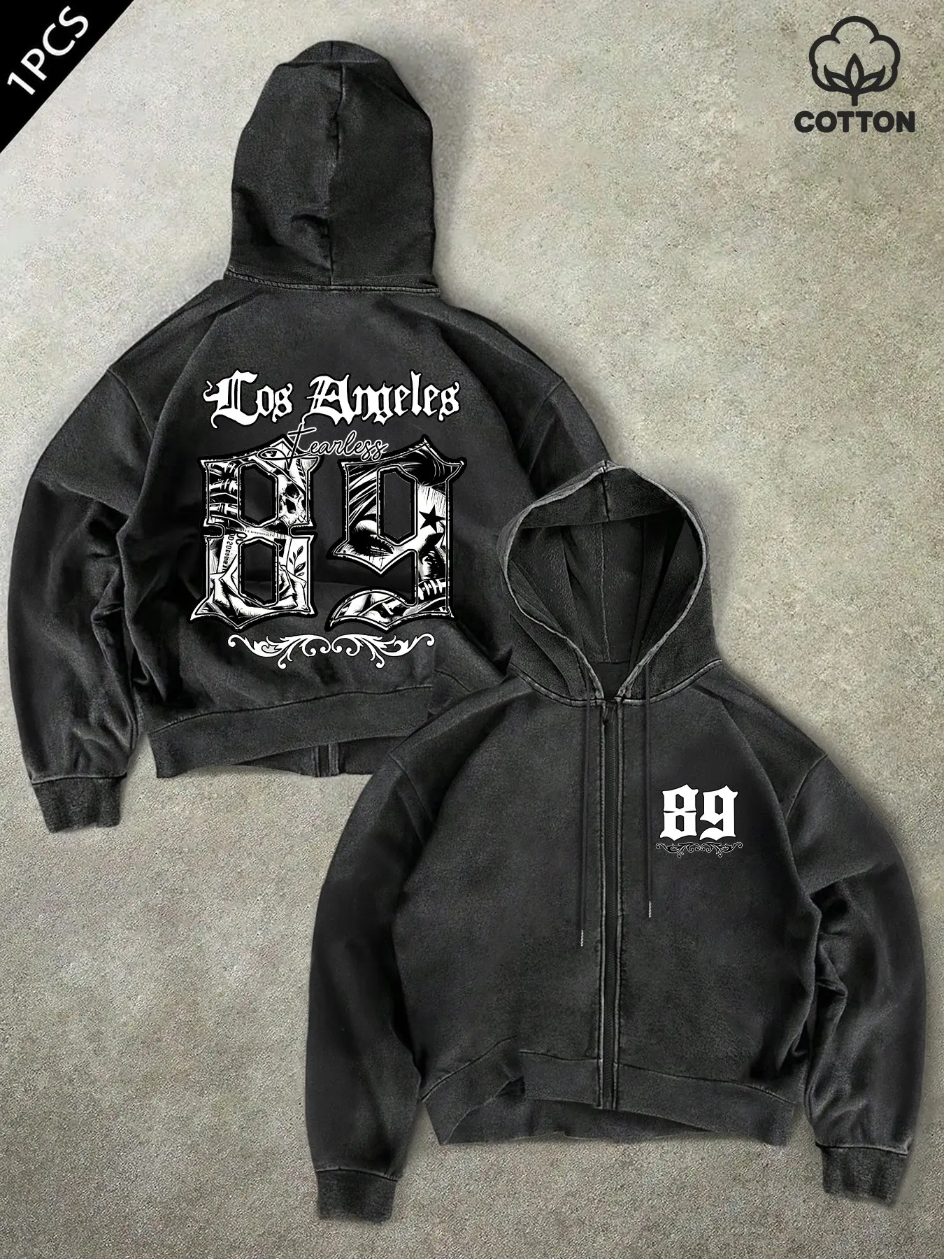 Men's Zipper Open Front Sweatshirt, Letter 89 Number Print, Loose Fit, Long Sleeve, Casual Spring & Fall Wear, Fashion Hooded Sweatshirt