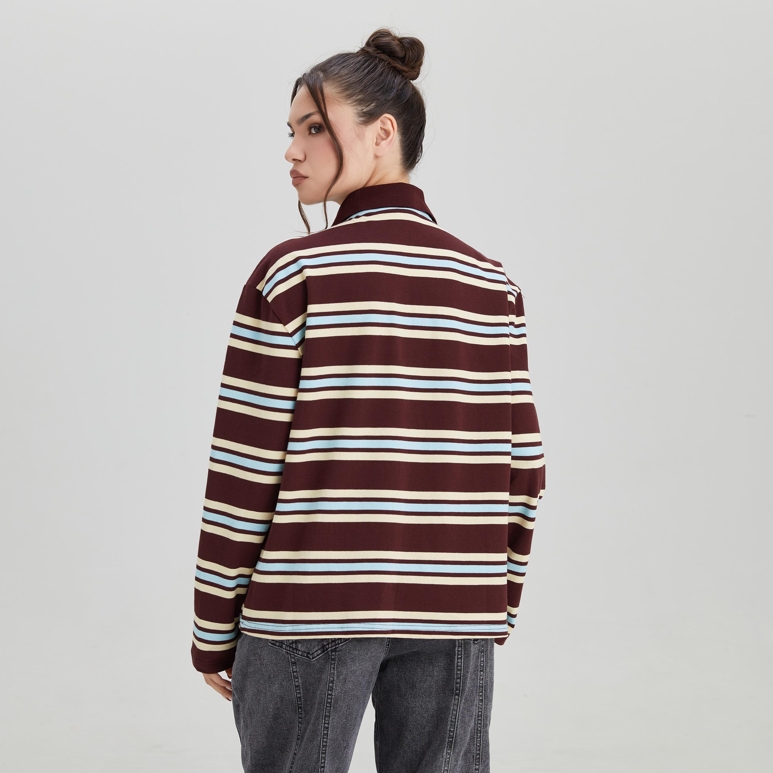 KatchMe Women's Casual Color-Matching Stripe Partial Button Long Sleeve Top, Versatile Striped Cotton Polo Shirt, Comfort Loose Streetwear