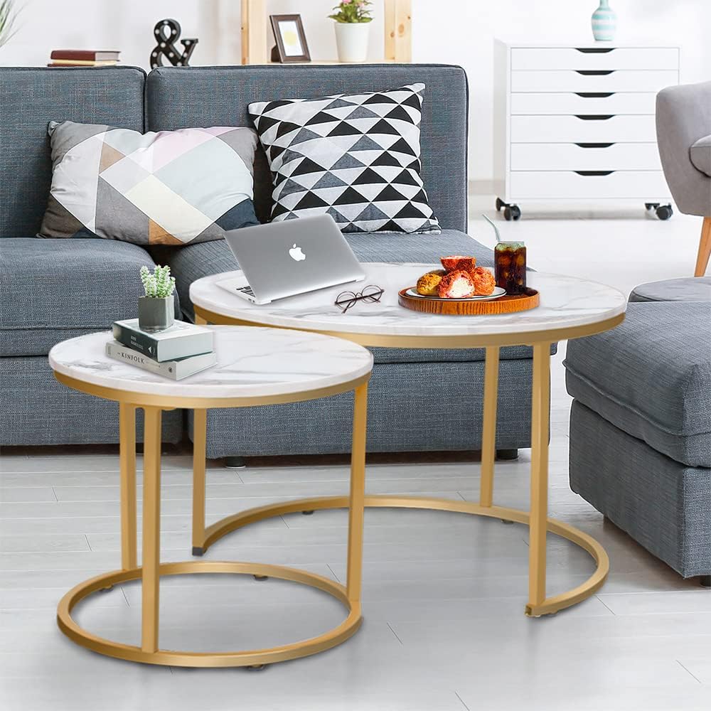 Coffee Table Nesting White Set of 2 Side Set Golden Frame Circular Round and Marble  Wooden Tables, Living Room Bedroom Apartment Modern Industrial Simple Nightstand