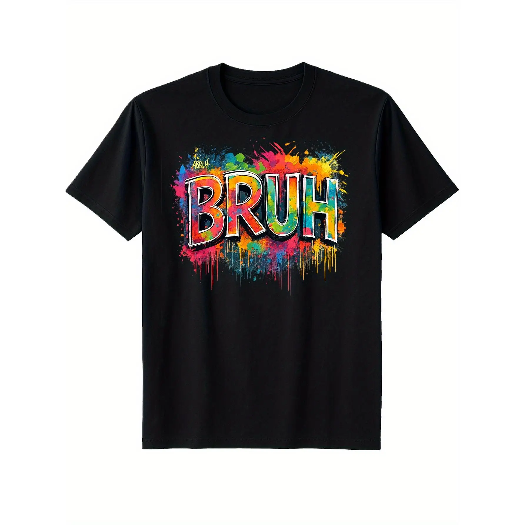 Men'S Colorful Bruh Graphic T-Shirt - Soft Cotton Casual Tee with Vibrant Splash Print, Black Premium Quality Round Neck Shirt for Casual Attire, Tee Shirts