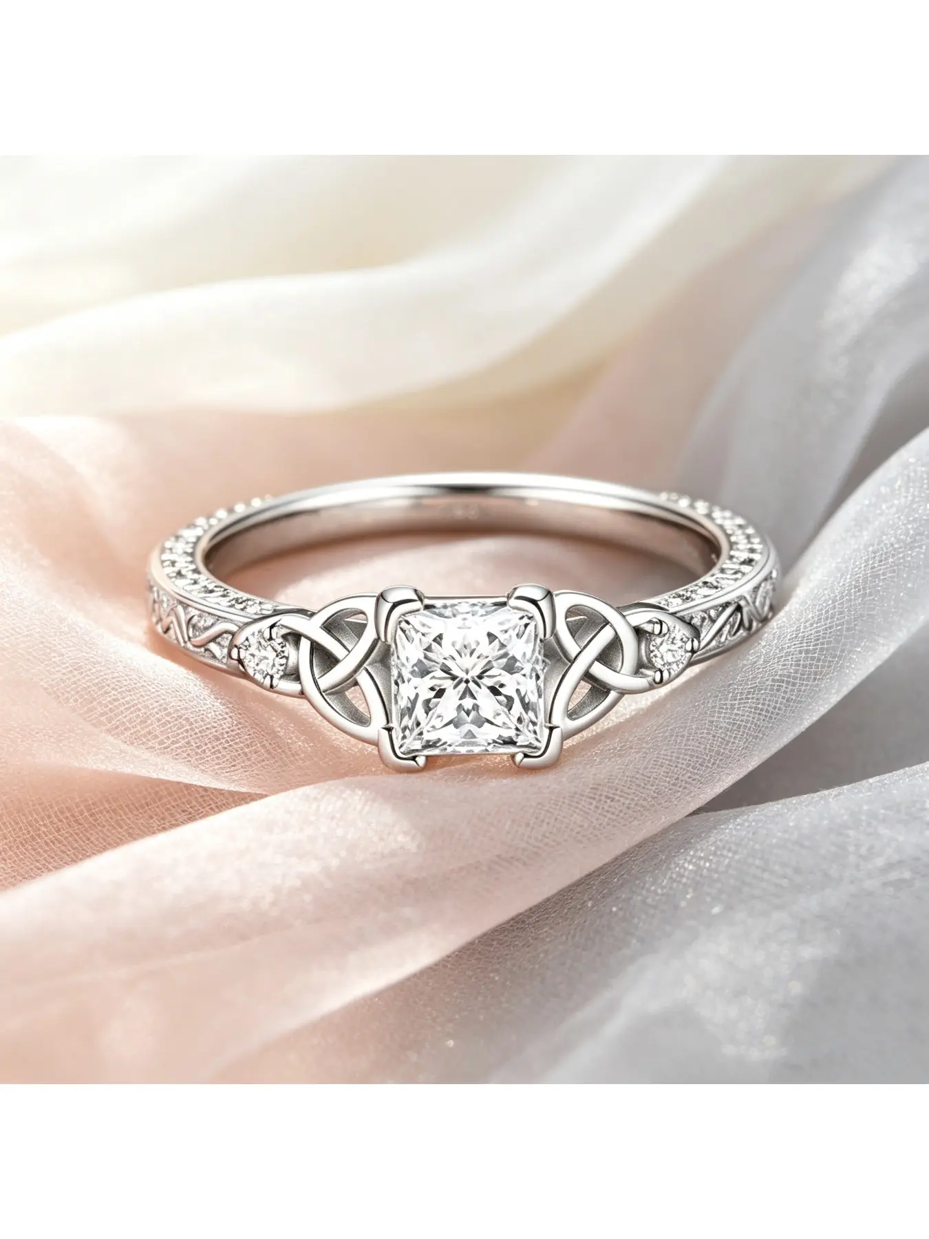 Princess Cut Celtic Knot Engraved Engagement Ring, Bridal Ring, Gift for Women, Textured Carved Band for Everyday Wear, Vintage Jewelry for Valentine Christmas Mother’s Day Proposal Anniversary Wedding