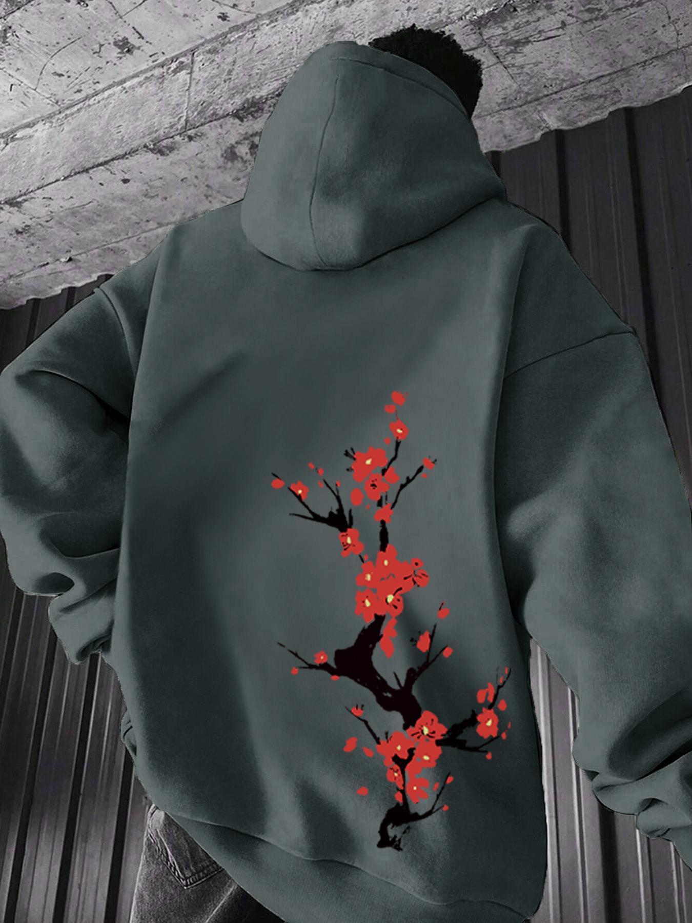 Men's Floral Print Drop Shoulder Hoodie, Fashion Casual Regular Fit Drawstring Pocket Hooded Sweatshirt for Daily Holiday Outdoor Wear, Men Clothes for Fall & Winter