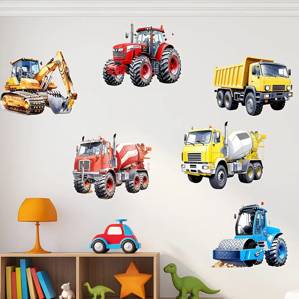 1pc, Wall Décor, DIY Engineering Vehicle Wall Stickers, Red, Yellow, Blue, and Orange Engineering Vehicle Decorative Stickers, Suitable for Bedroom, Living Room, Refrigerator, Door, and Window Home Decor Wall Decals, PVC Material, Self-Adhesive