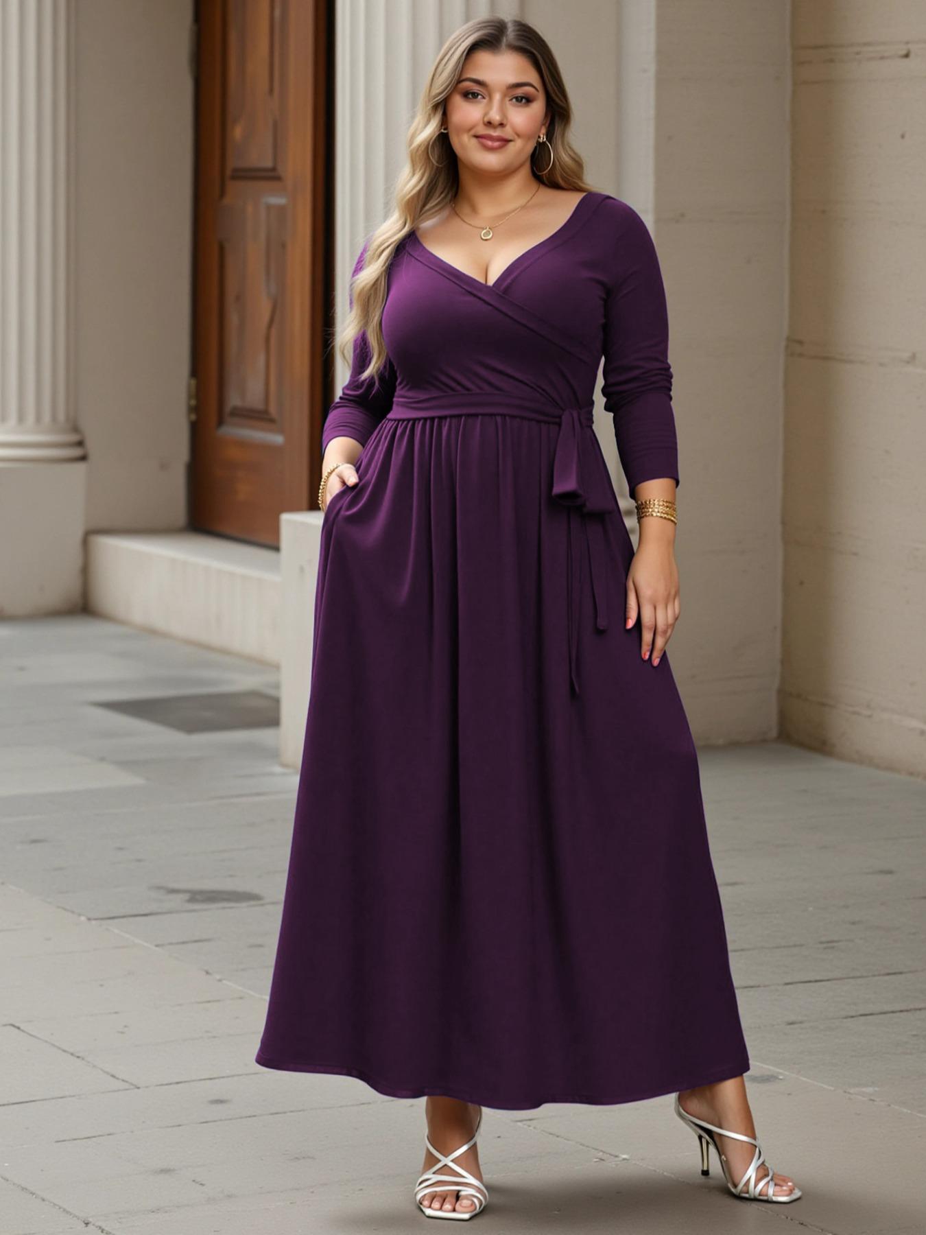 Women's V Neck Stretchy Casual Long Plus Size Dress, Perfect for Bridesmaids, Vintage Style Wedding & Party Wear, Comfortable All-Day Fabric