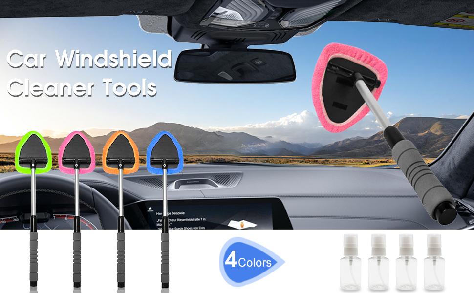 Windshield Cleaner Tool – Car Interior Window Cleaning Kit with Extendable Handle & 4 Microfiber Pads, Auto Wiper Inside Windshield Brush for Car & Home Windows