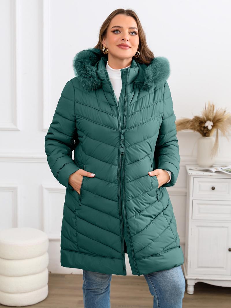 Women's Winter Elegant Simple Hooded Cotton Jacket, Mid-Length Fur Collar Zipper Pocket Coat, Commuter Casual Long Sleeve Outerwear