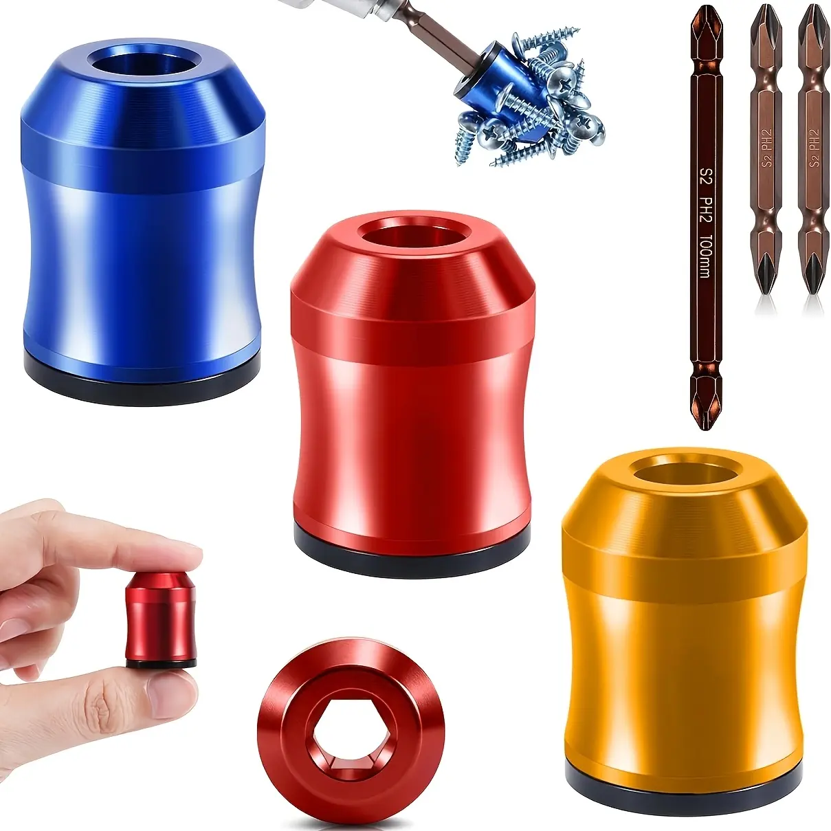 3 strong magnetic screw rings – red/yellow/blue + 3 PH2 screwdriver sets (2x 65 mm + 1x 100 mm)
