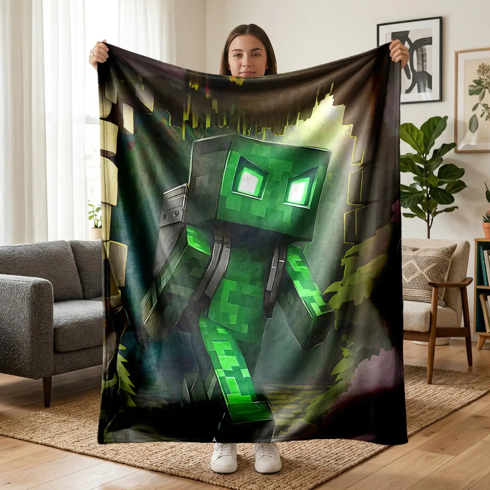 1PC Minecraft Creeper Game Theme Flannel Fleece Throw Blanket, Cave Adventure Creeper Art Print Design, Soft Cozy Warm Lightweight Blanket for Sofa Bed Office Travel Camping, Gamer Birthday Christmas Gift