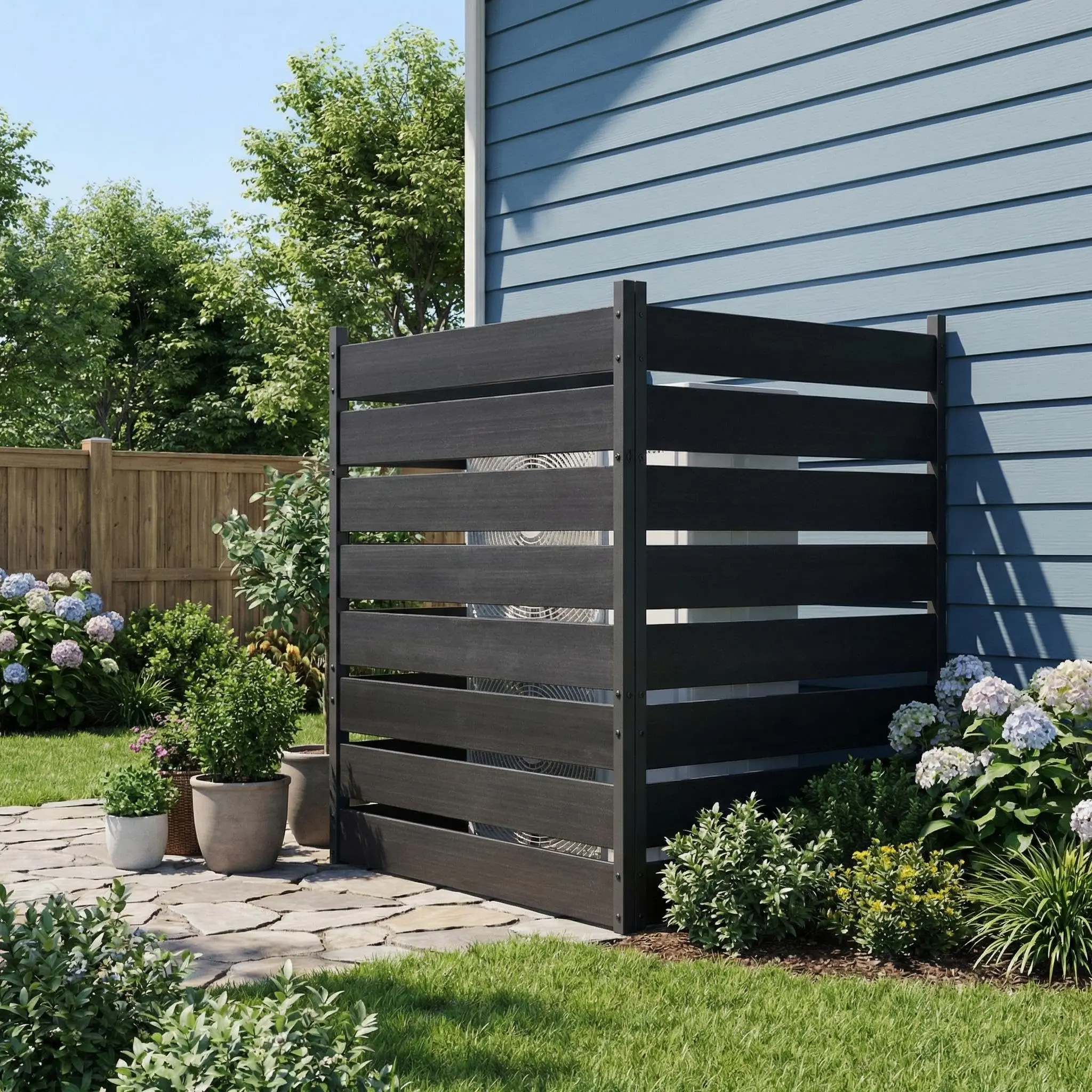2 Panels No-Dig Outdoor Privacy Screen Fence - Black Aluminum Frame & Weatherproof Horizontal Vinyl Slats - Decorative Enclosure for Garden, Patio, Trash Can, AC Unit, Pool Equipment