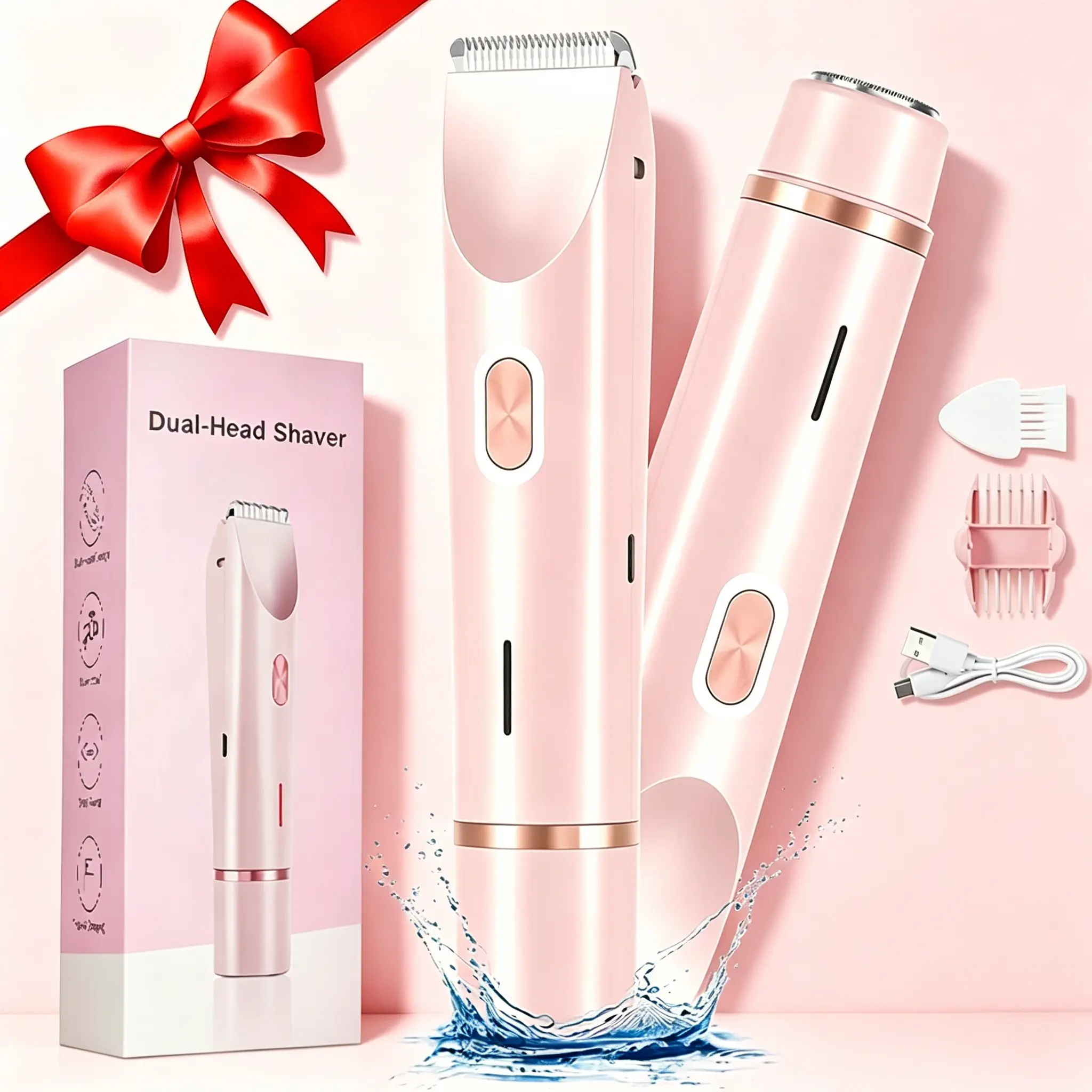 Electric Trimmer for Women, Multifunctional Hair Trimmer, Electric Shaver and Razor Rechargeable 2-in-1 Body , Dual Heads for Painless Trimming of Pubic Hair, Face, Underarms and Legs, IPX7 Waterproof. Christmas Gift New Year Gift