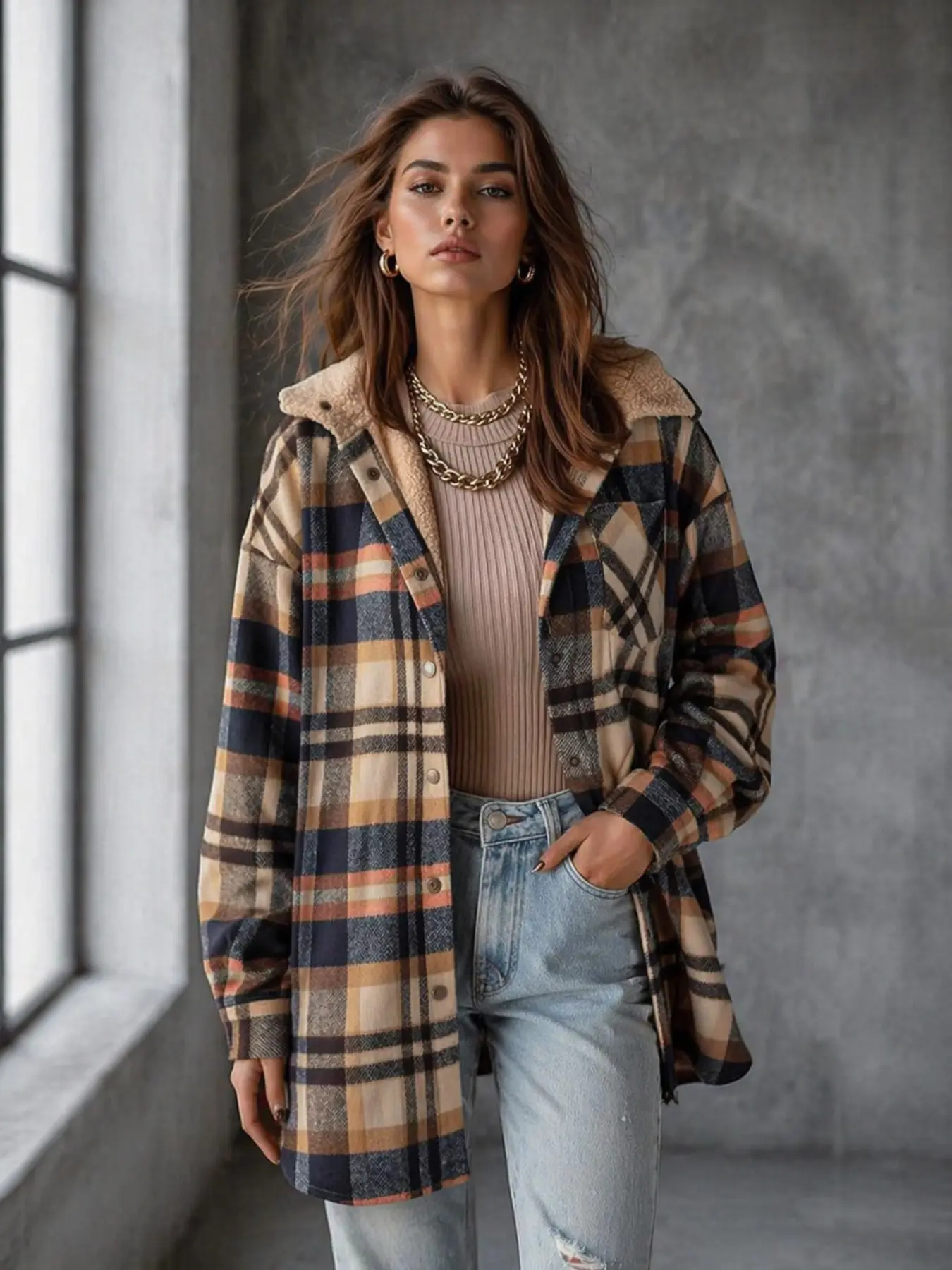 Women's Plaid Hooded Shirt Jacket with Lamb Fur Lining, Long Sleeve Single Button Loose Warm Coat, Stylish Outerwear for Fall & Winter