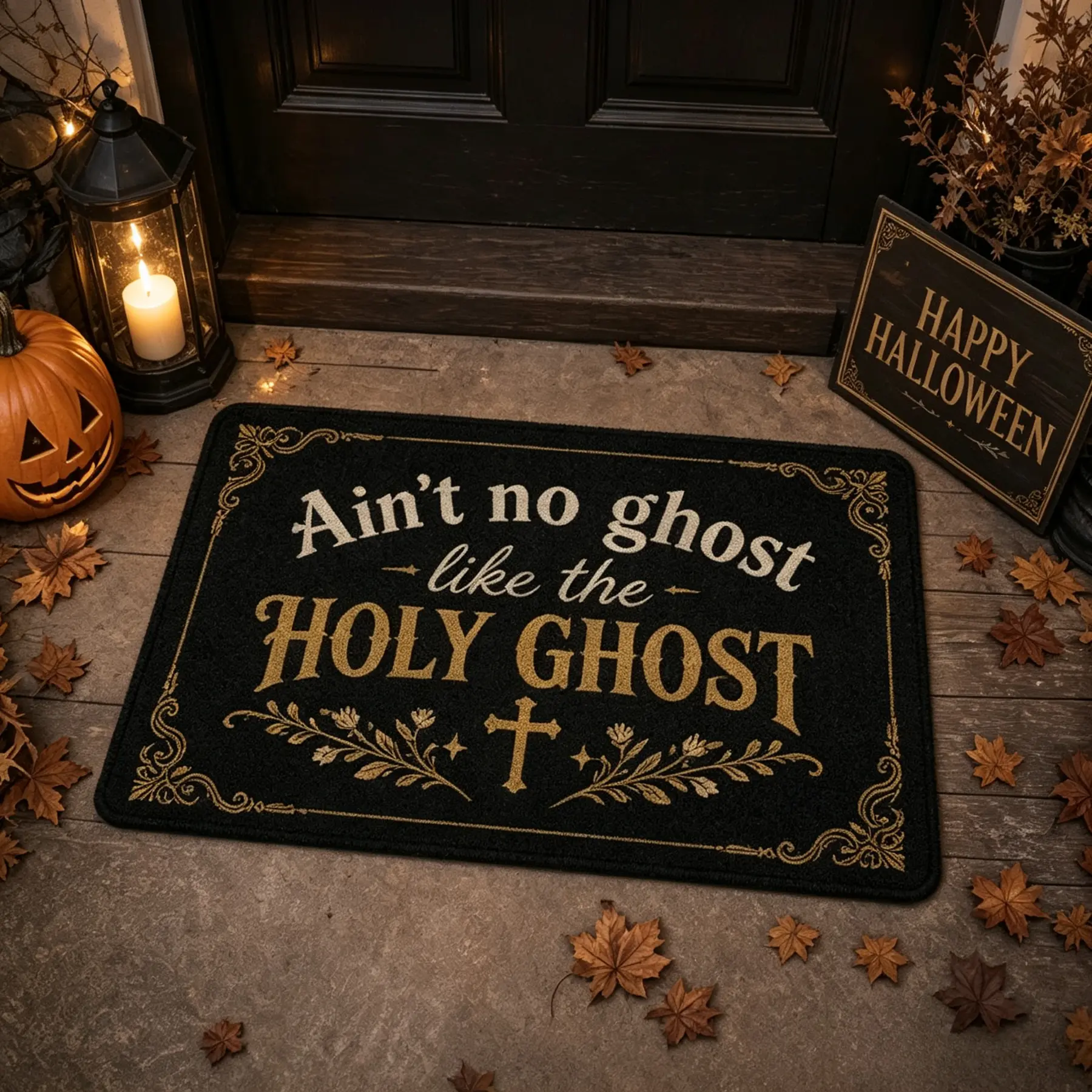 Christian Theme Flannel Doormat with Religious Quote, Non-Slip Indoor Front Door Rug, Halloween Faith Fall Home Decor