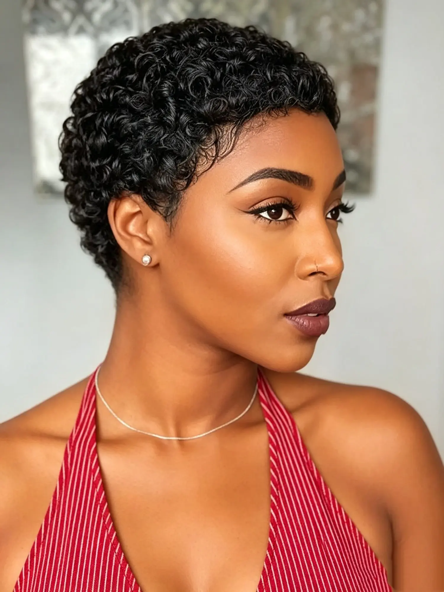 Chic Afro Kinky Curly Short Pixie Cut Human Hair Wigs with Bangs Elegant Natural Daily Wear Wigs for Women