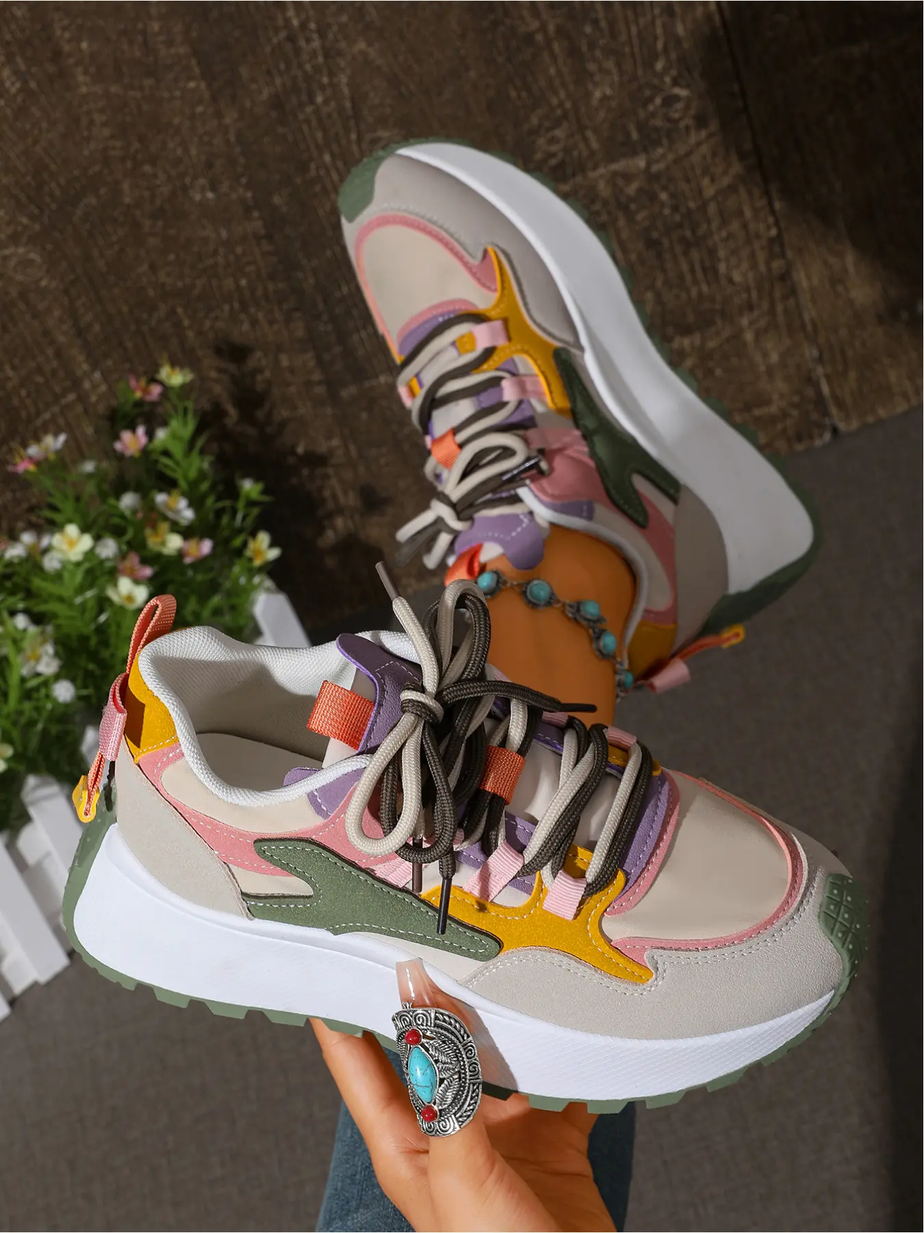 Multi Color Block Chunky Platform Sneakers, Leg Slimming Cushioned Sole, Youthful Footwear Match Denim