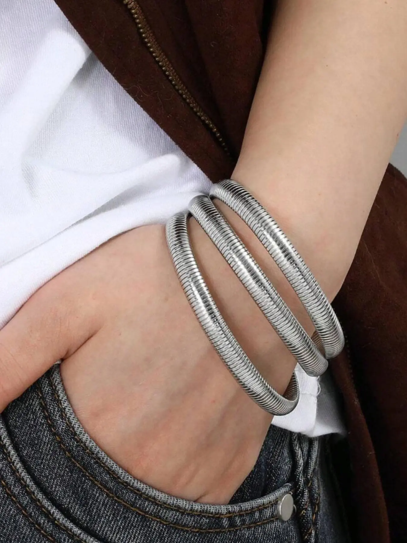 3pcs /silver Color Bangles for Women, Chunky Stretch Alloy Bracelets, Flexible Wide Wristbands, Gift Set for Family & Friends