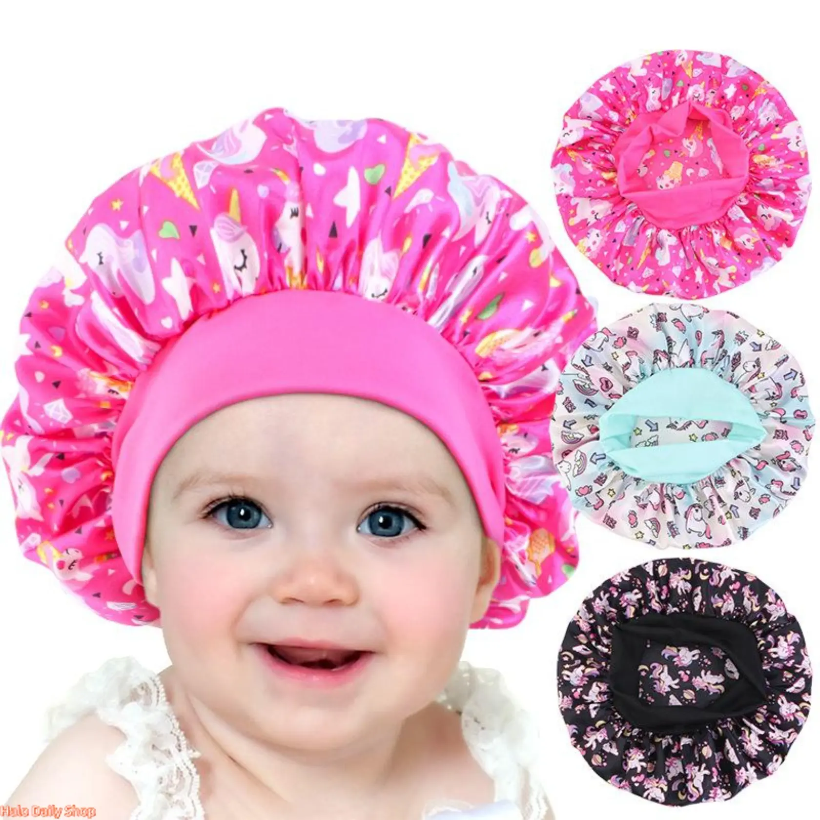3-Pack Kids' Satin Bonnet, Cute Unicorn Print Sleep Cap for Toddler Girls with Wide Elastic Band for Full Head Coverage & Night Hair Protection, Night Sleep, Polyester Silk, Prop 65 Safe, Caps With Designs, Toddler Girl Stuff