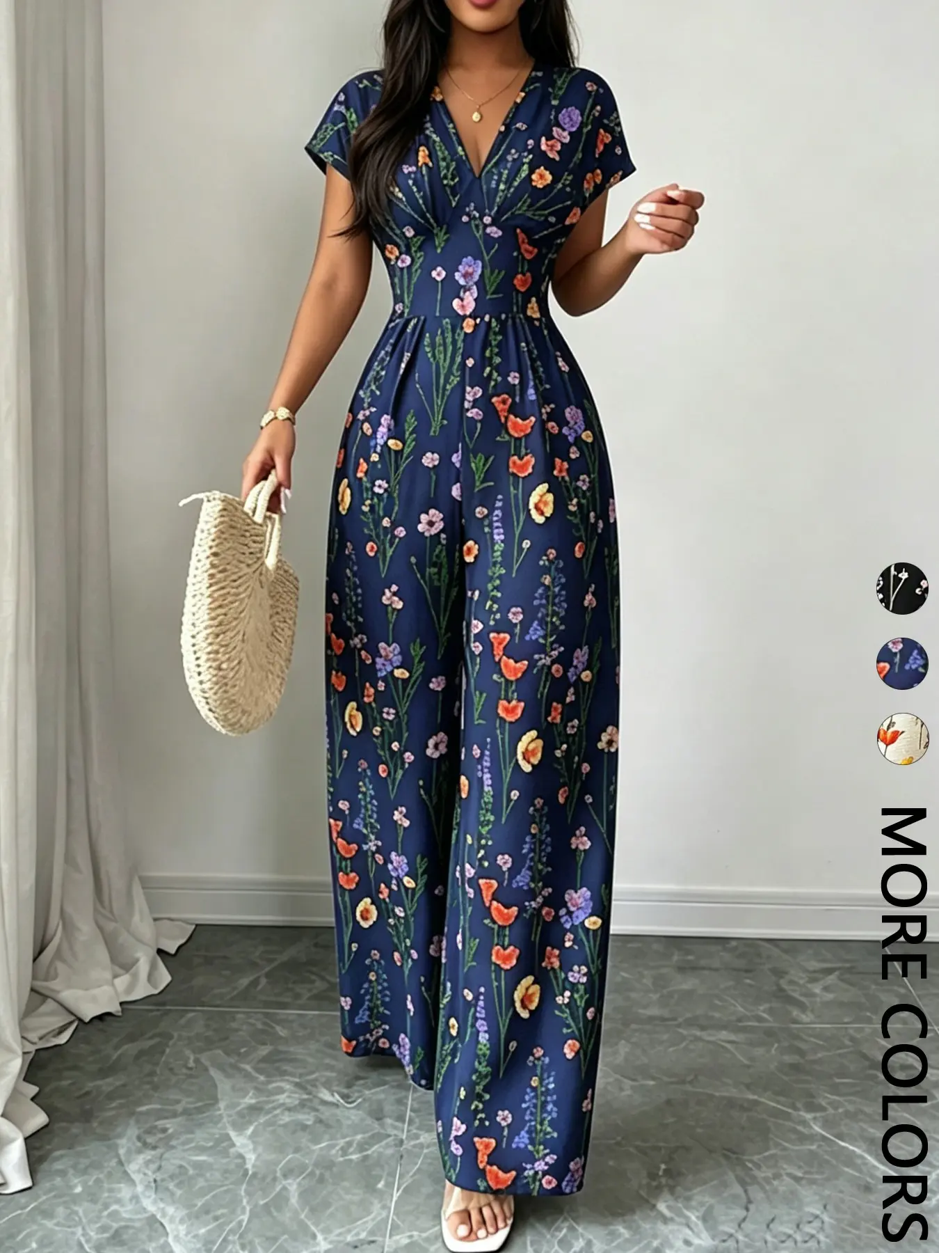 Elegant Chic Floral Print Jumpsuits Rompers for Women, V-Neck Short Sleeve High Waist Wide Leg, Vacation Style One-Piece, Comfortable and Stylish