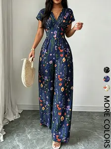 Elegant Chic Floral Print Romper for Women, V-Neck Short Sleeve High Waist Wide Leg, Vacation Style One-Piece, Comfortable and Stylish
