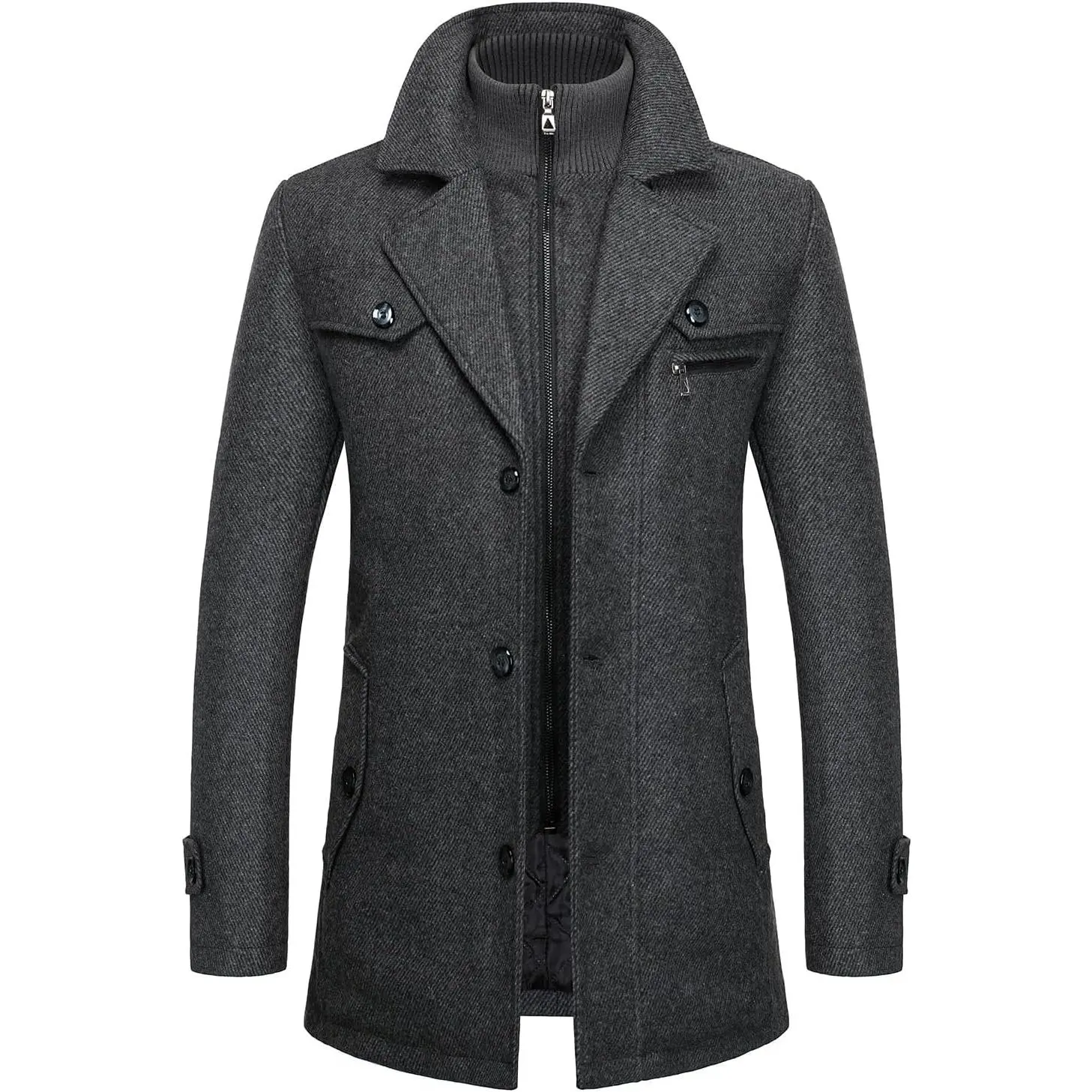 Men's Wool Blend Coats with Detachable Zipper Winter Warm Jakcet Single Breasted Business Windbreaker Pea Coat