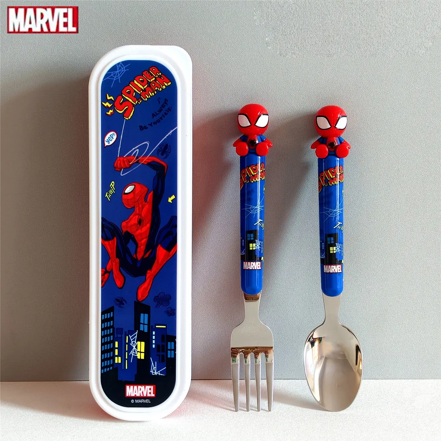 Marvel Officially Licensed Spider-man Portable Flatware Set 3D Figural Spoon Fork Stainless Steel Cutlery with Travel Case Aesthetic Lunchbox Utensils for Office School Picnic Camping Back to School Teen Gamer Gift Heavy Duty Tableware