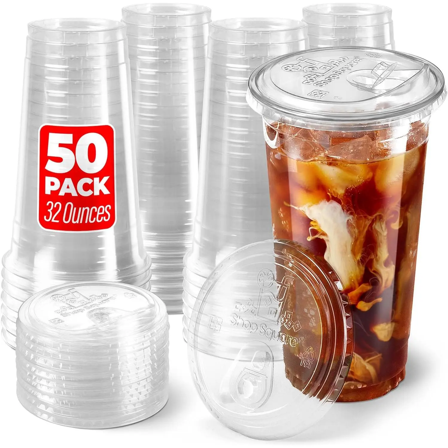 32 oz Plastic Cups with Strawless Sip  (50 Pack) - Disposable Clear Cups for Iced Coffee, Boba, Milk , Smoothies, and Fruit Shakes
