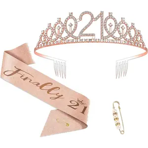 21st Birthday Crown &Sash Pin Set Decorations for Women,21 Birthday Decorations for Her,21 Year Old Gifts Tiara