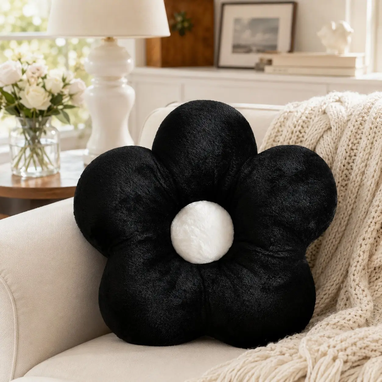 Floral Cushion, Fluffy Stuffed Cushion, Home Decorative Cushion, Soft Five-Petaled Decorative Pillow Crafted From Faux Rabbit Fur, Perfect for Spring and Summer Decor in Home, Delightful Springtime Gift