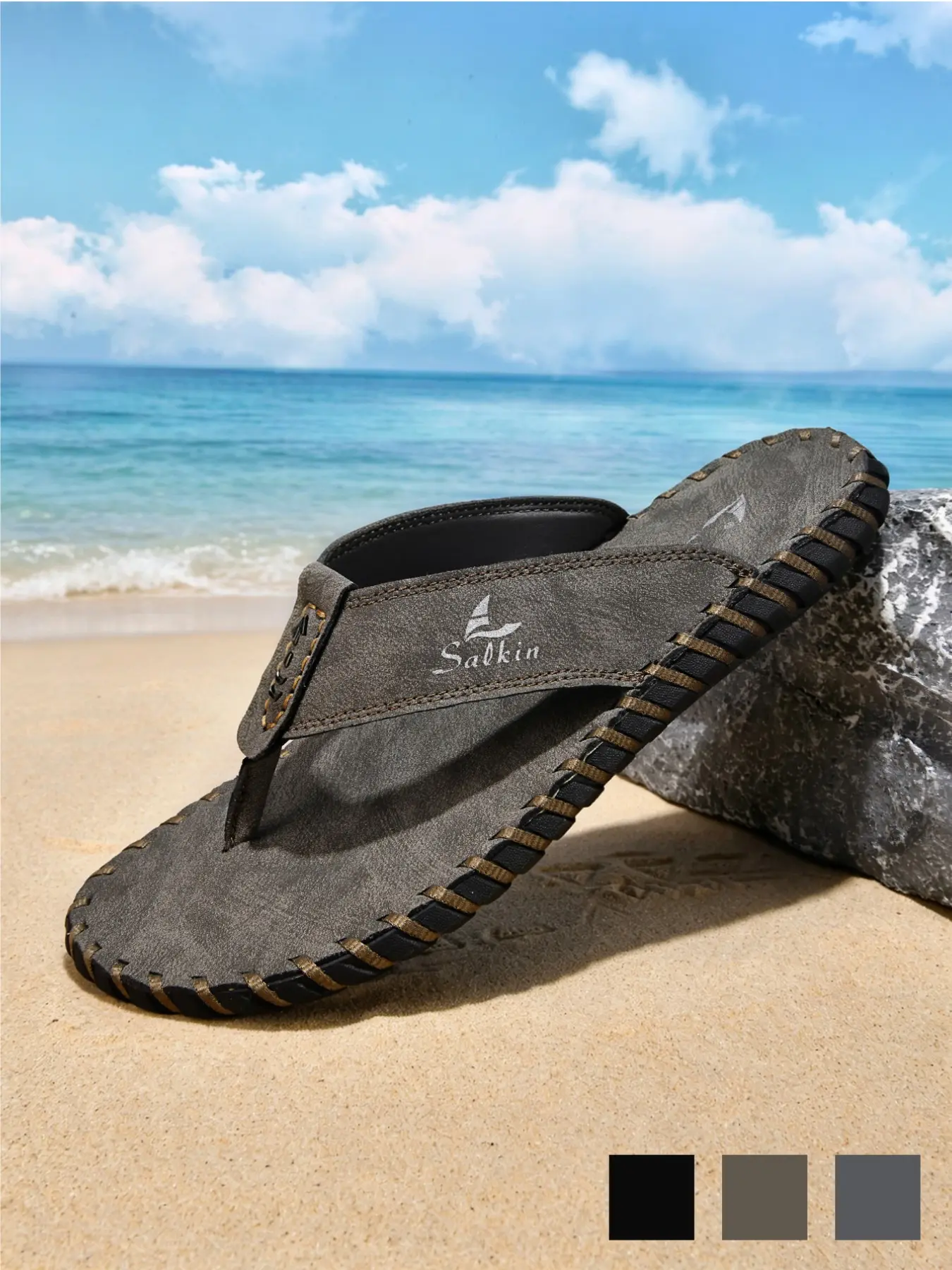 Men's Flip-Flops Lightweight Comfortable Non-Slip Wide Width Hand-Stitched Thong Sandals Open Toe Flat Beach Sandals Stylish Summer Footwear for Beach Black Microfiber Leather for Beach Vacation Casual Wear Big Size 9.5-11.5