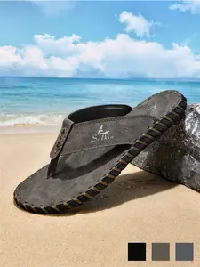 Men's Flip-Flops Lightweight Comfortable Non-Slip Wide Width Hand-Stitched Thong Sandals Open Toe Flat Beach Sandals Stylish Summer Black Microfiber Leather for Beach Vacation Casual Wear Big Size 9.5-11.5