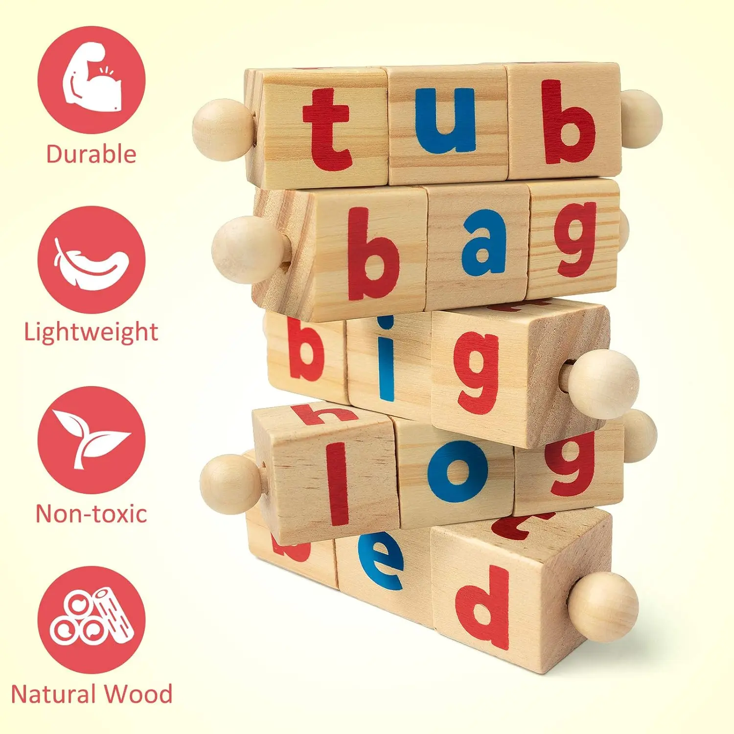 Wooden Reading Blocks Short Vowel Rods Spelling Game - Interactive Alphabet Learning Language Toys, Rotating Letter Puzzle, Flash Cards, Sight Words Montessori Wooden Puzzle Pieces for Preschool Kids, Wooden Puzzle Pieces Language Toys
