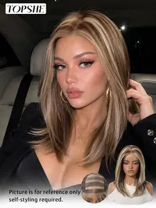 Topshe Mono Hand-Tied Lace Wig, Highlighted Medium-Length Straight Hair, Heat-Resistant, No Glue, Daily Wear for Women