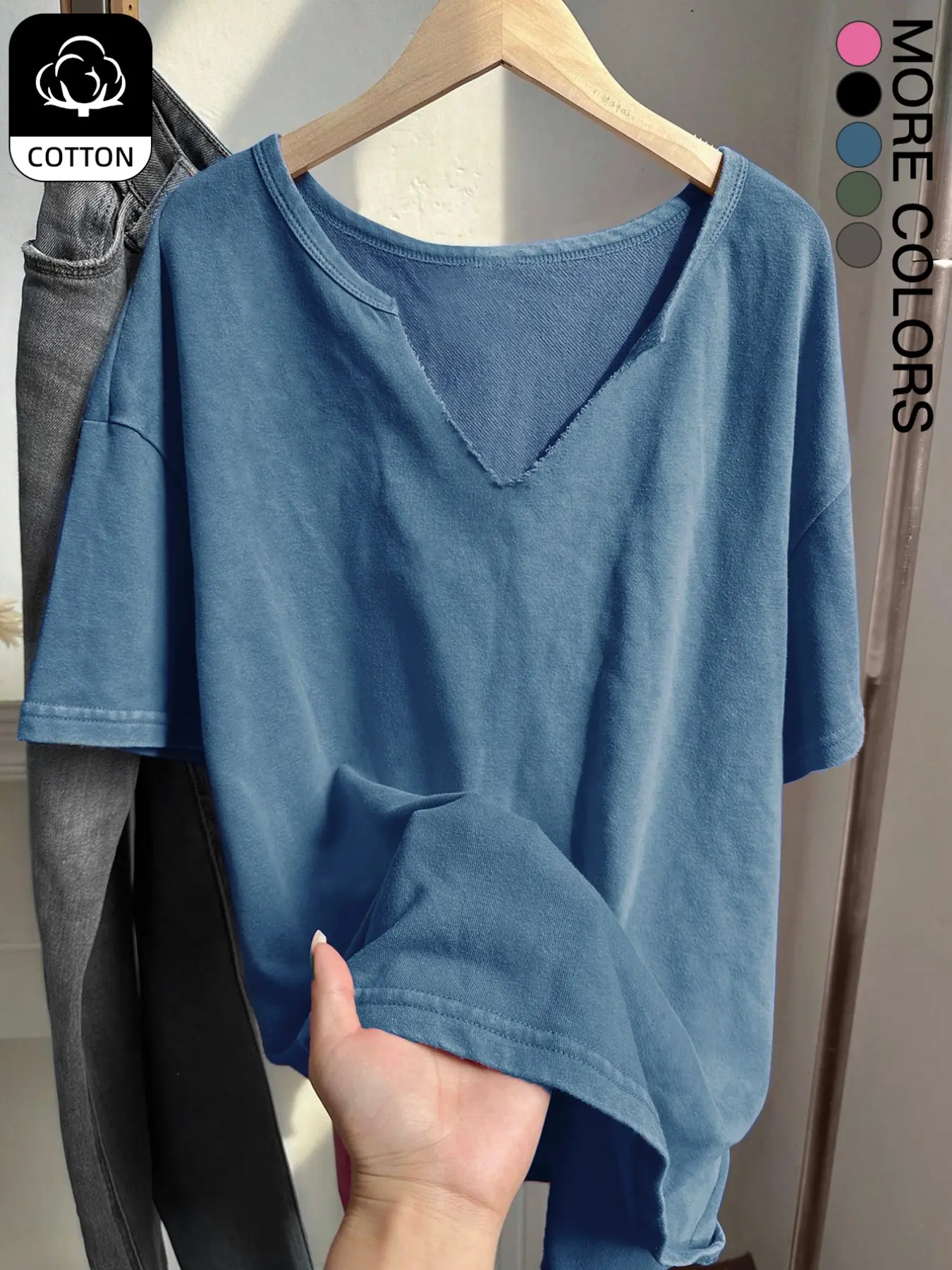 Women’s Loose V‑Neck Acid‑Wash Knit Short‑Sleeve T‑Shirt, Vintage Distressed Casual Top, Lazy Oversized Fit, Slimming Hide Fat, Soft Breathable Knit Tee, Daily Commute Shopping Date Outfit