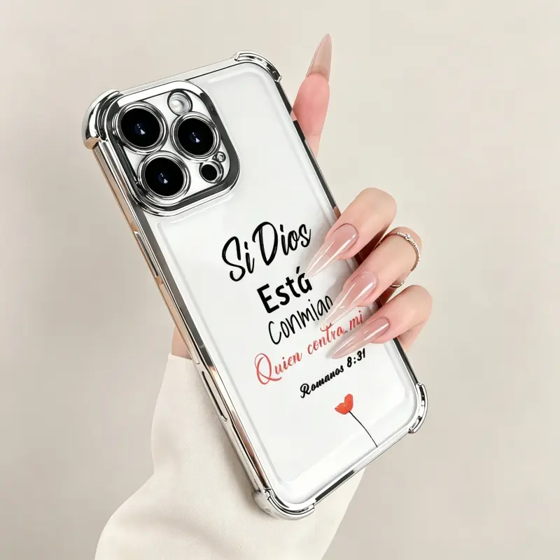 "Si Dios Está Conmigo" Spanish Faith Quote Phone Case - Christian Scripture Electroplated Shockproof Luxury Crystal Texture Protective Cover, Wide Fit Multi-Model Mobile Accessories for iPhone 17-11 Pro Max & Samsung S26-S21 Ultra A Series, Protective She