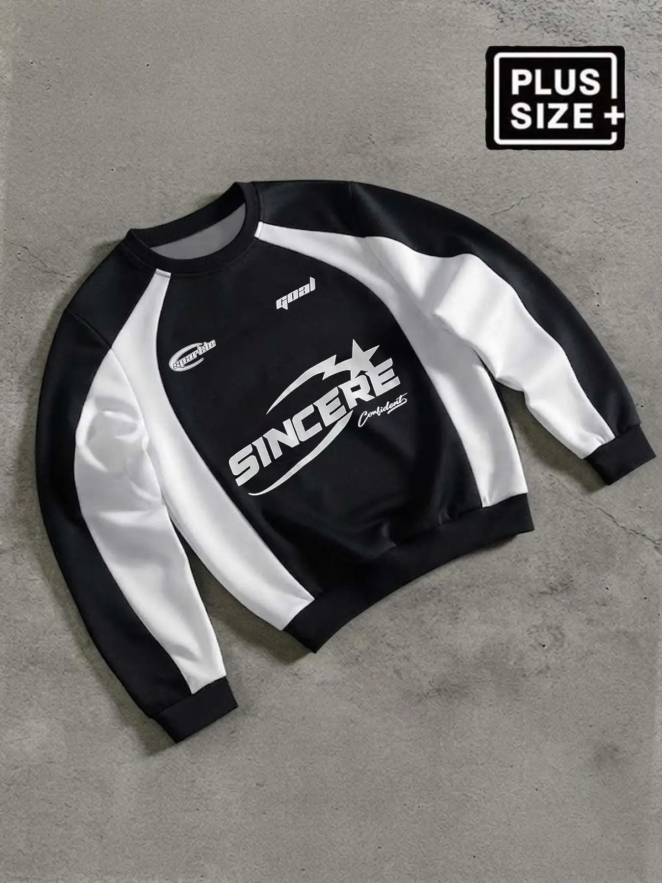 Big And Tall Men Crewneck Sweatshirt Plus Size Black White Colorblock Raglan Sleeve SINCERE Letter Goal Sparkle Confident Graphic Print Ribbed Hem Cuffs Oversized Vintage Athletic Hip Hop Streetwear Casual Daily Outerwear Top
