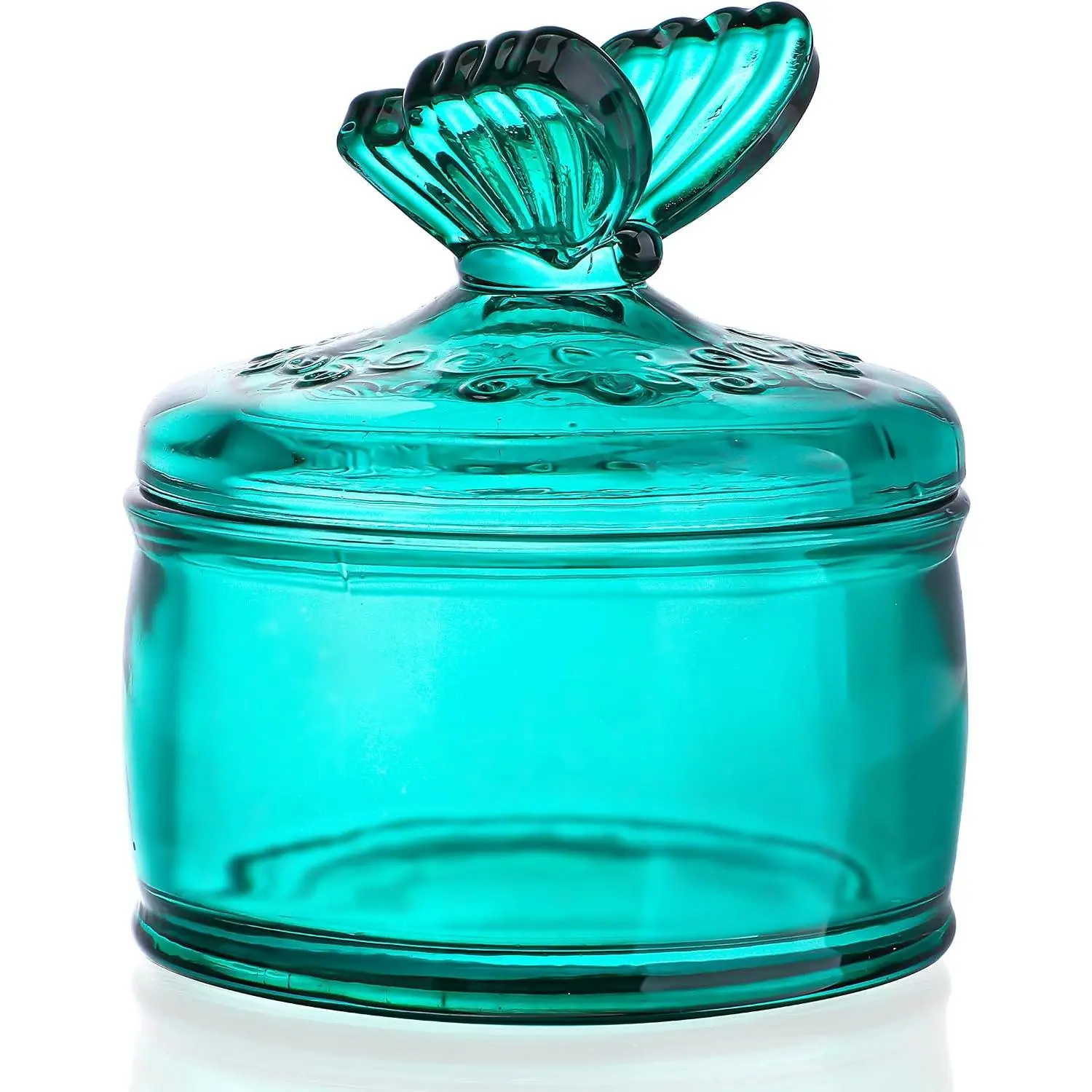 3.5 oz Green Embossed Glass Jar with Lid,  Glass Candy Dish | Small Cookie Jar,  Box, Decorative Candy Bowl for Christmas Party Buffet