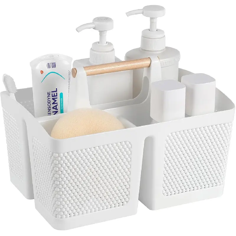 White Plastic Portable Shower Caddy Basket with Convenient Carry Handle, Multi-Purpose Storage Tote Organizer for Bathroom Supplies, Ideal Dorm Room & College Daily Essential Accessory
