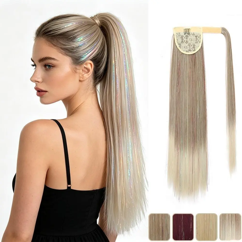 Women's Holographic Synthetic Hair Ponytail Hair Clip Extension - Glitter Effect, Magic Tape, Easy-Install Bag Charm for Party Wear & Daily Use